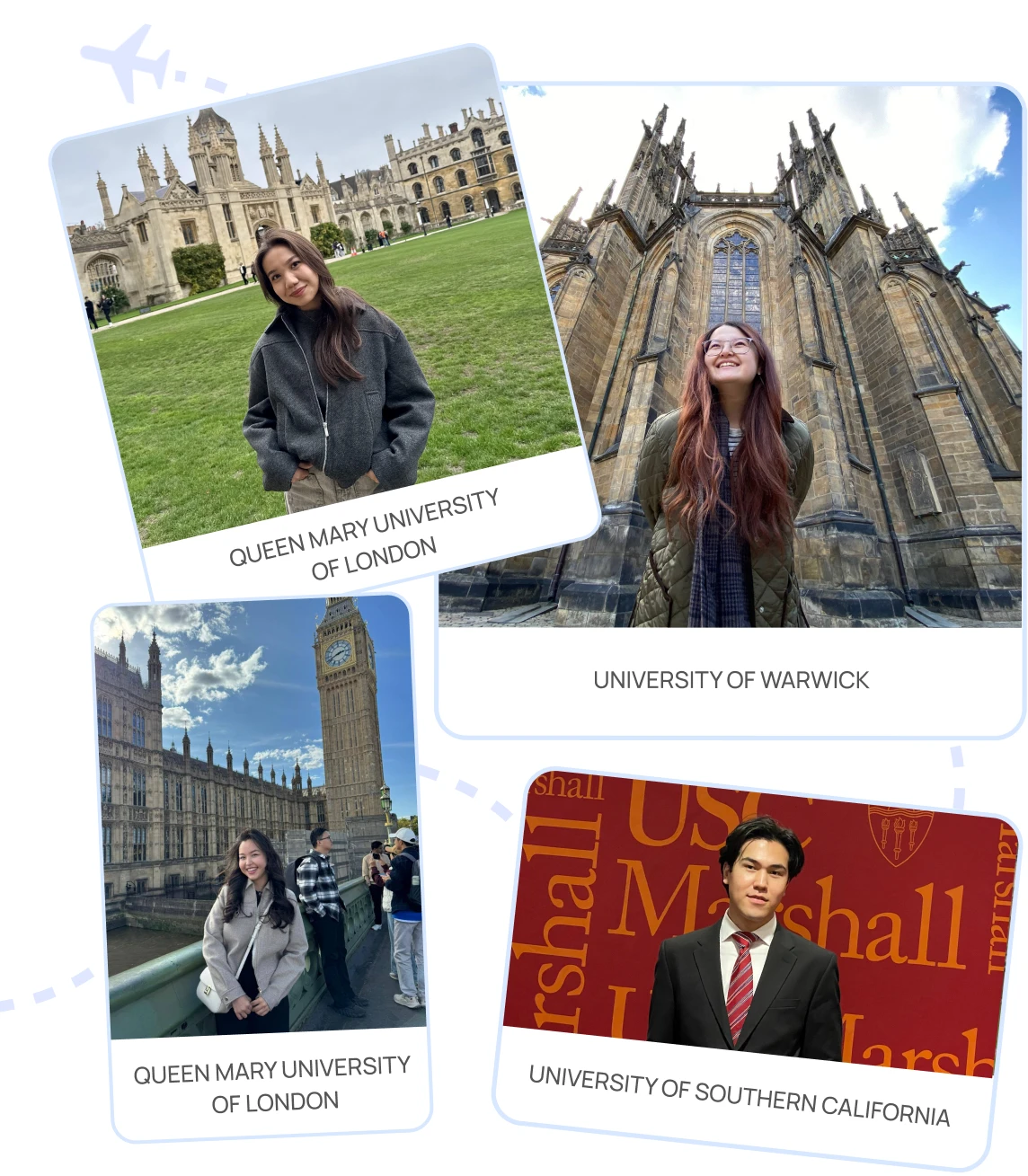 Photo collage of students at Queen Mary University of London, University of Warwick and University of Southern California