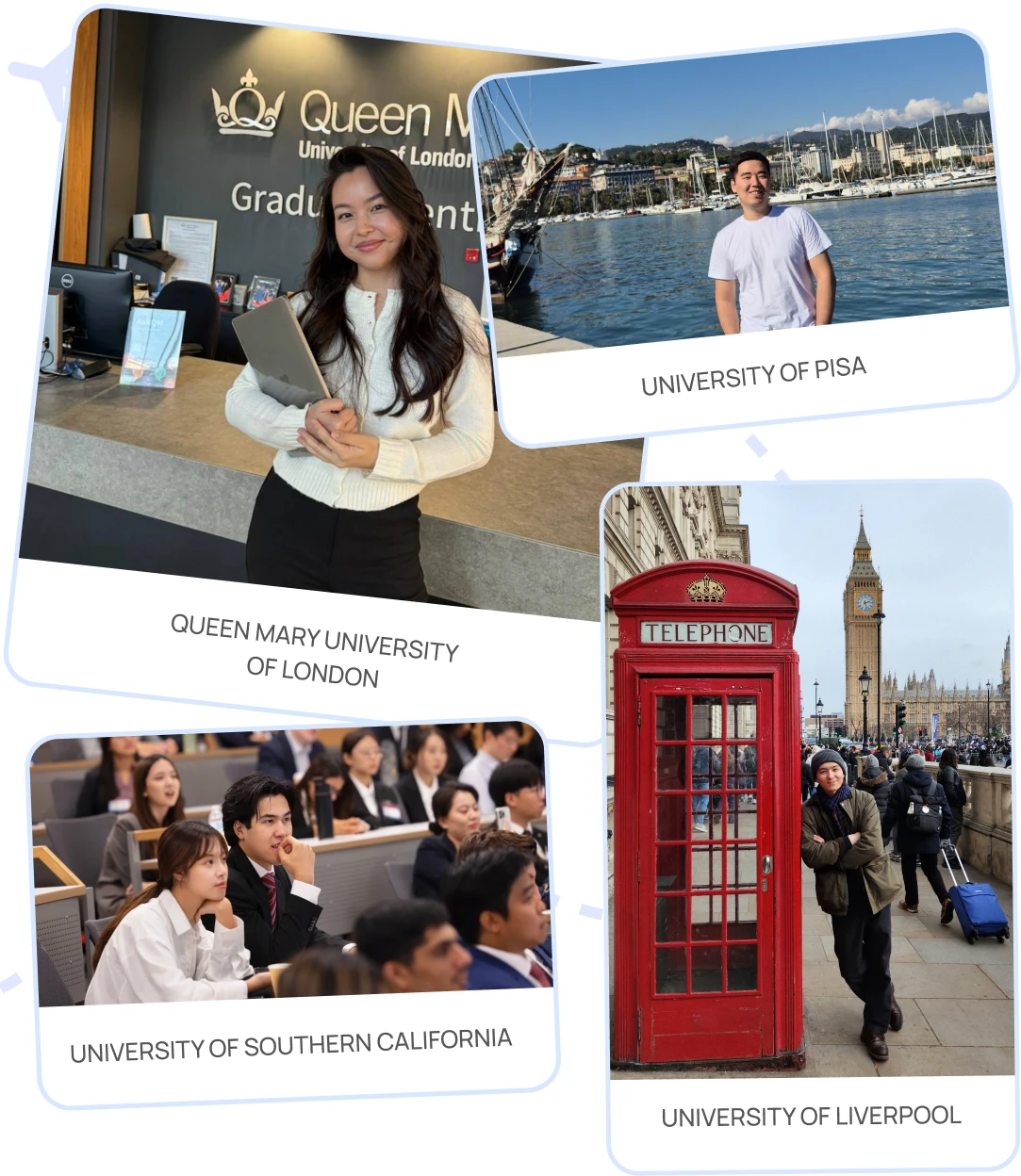 Photo collage of students at Queen Mary University of London, University of Pisa, University of Liverpool and in a lecture hall