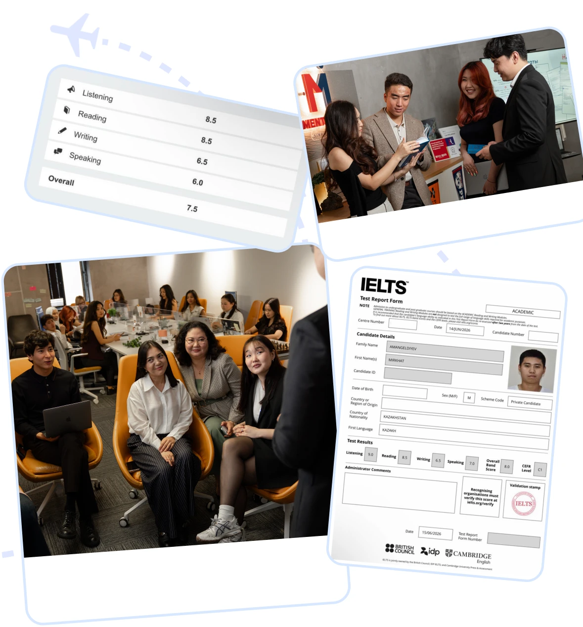 Collage: Mentor Me language school classes, IELTS results and a Test Report Form certificate